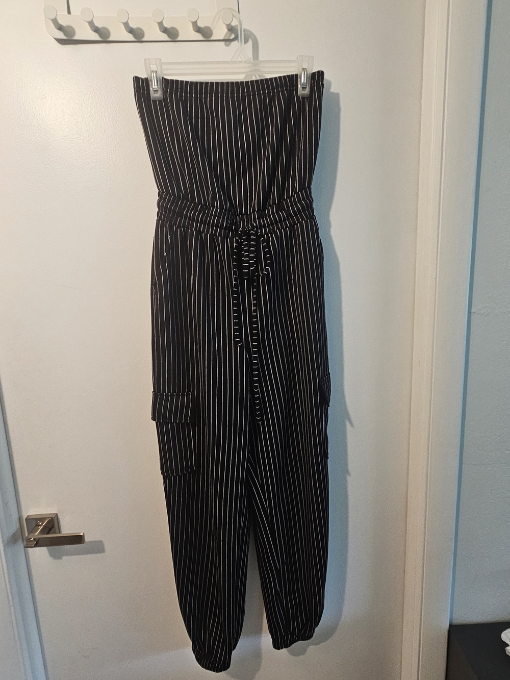 Strapless Black & White Pinstripe Jumpsuit with Drawstring Waist